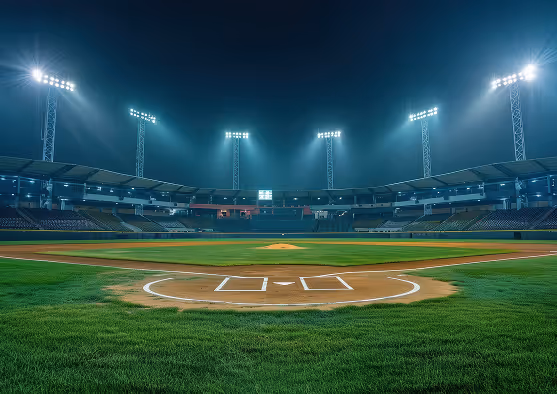 Empty professional baseball stadium illuminated by floodlights at night, with a well-maintained grass field and pitcher's mound