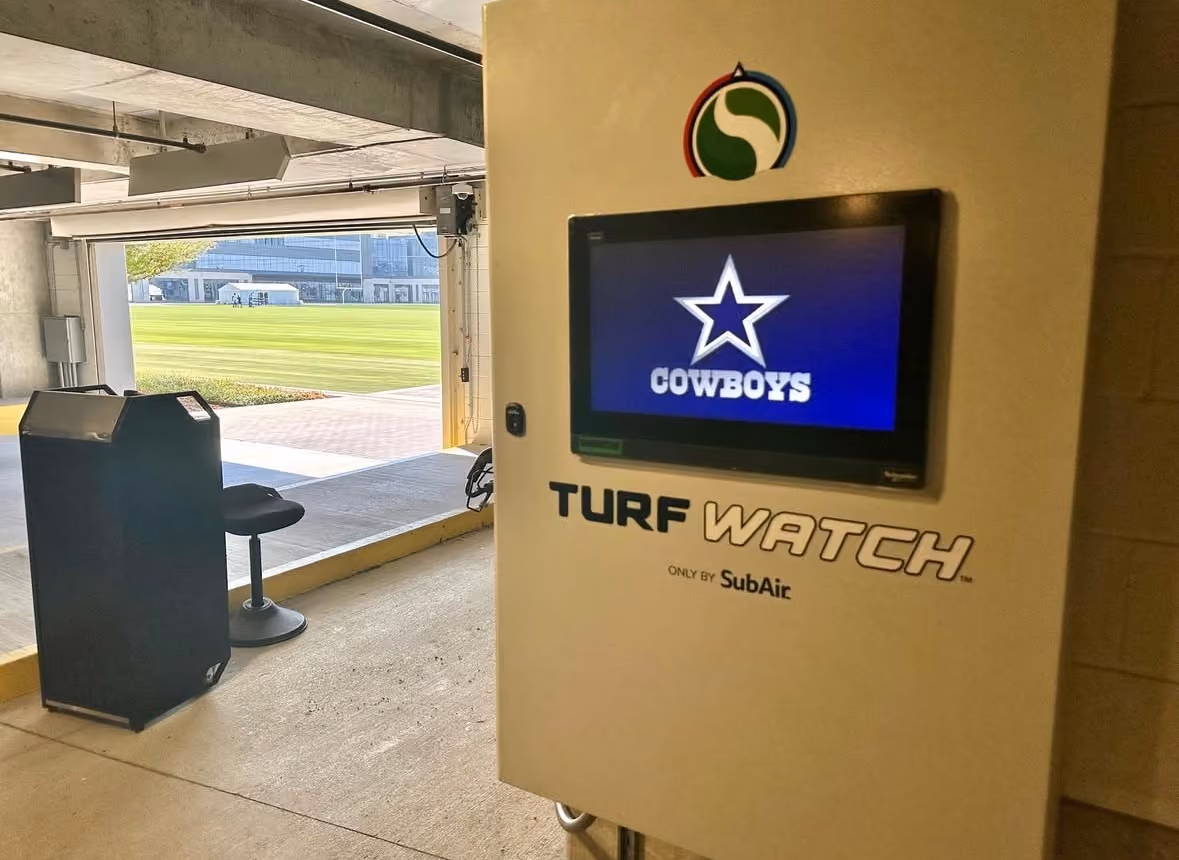 Photo of SubAir Sport control panels installed at the Dallas Cowboys' training facility, The Star, showing the equipment that powers subsurface aeration and moisture management for the team's natural grass practice fields.