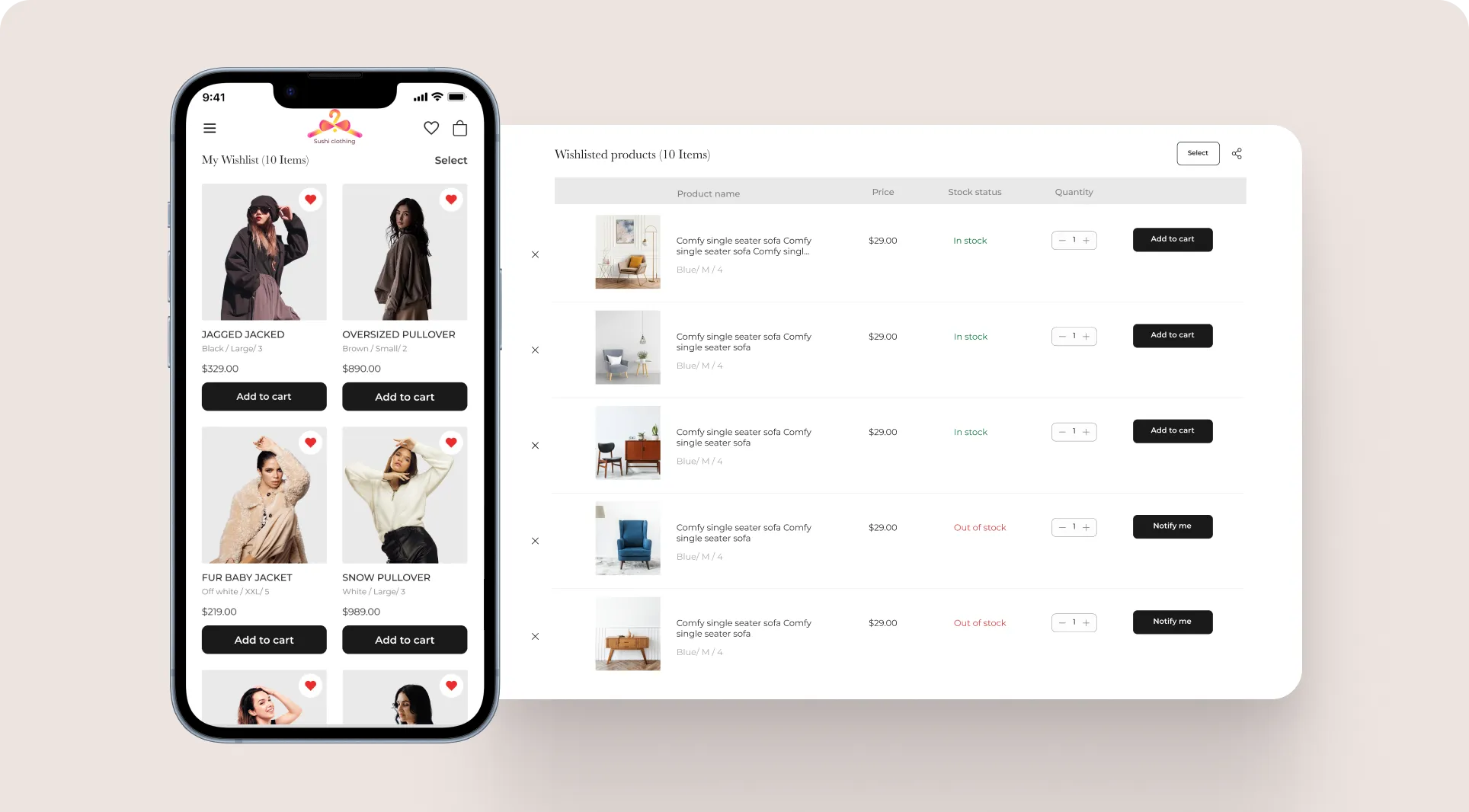 Wishlist page in desktop and mobile