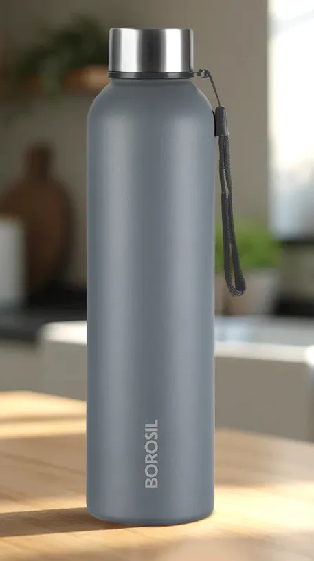 Gray Borosil insulated water bottle with stainless steel cap and black strap on wooden table.