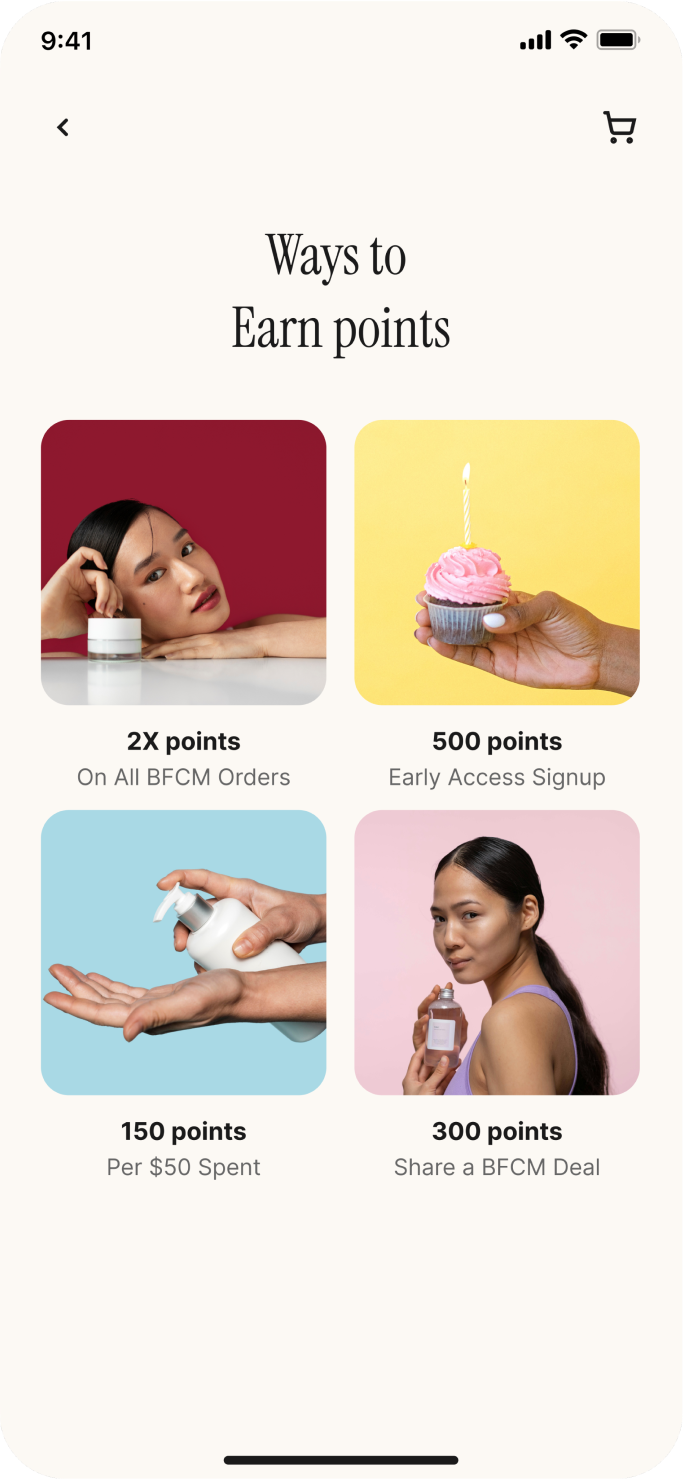 Ways to redeem points screen with free product and shipping rewards