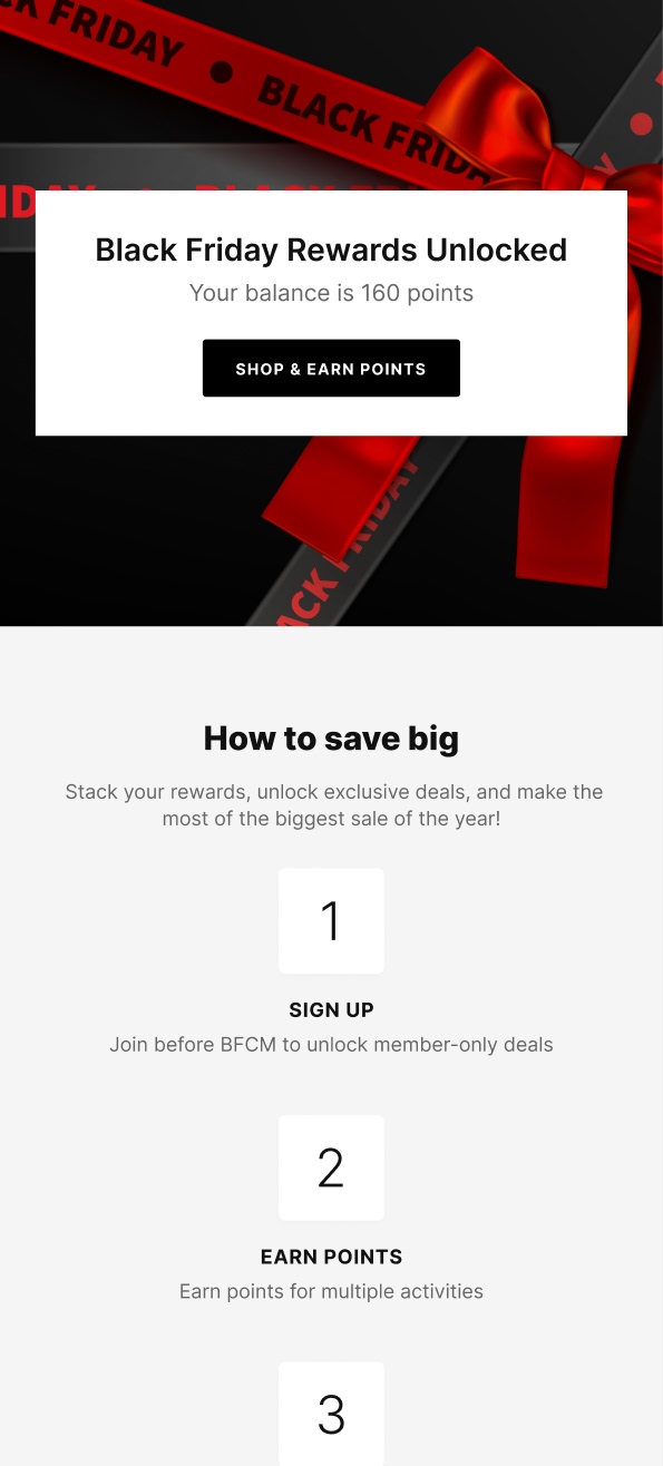 Branded loyalty page showing a customer's points balance and rewards