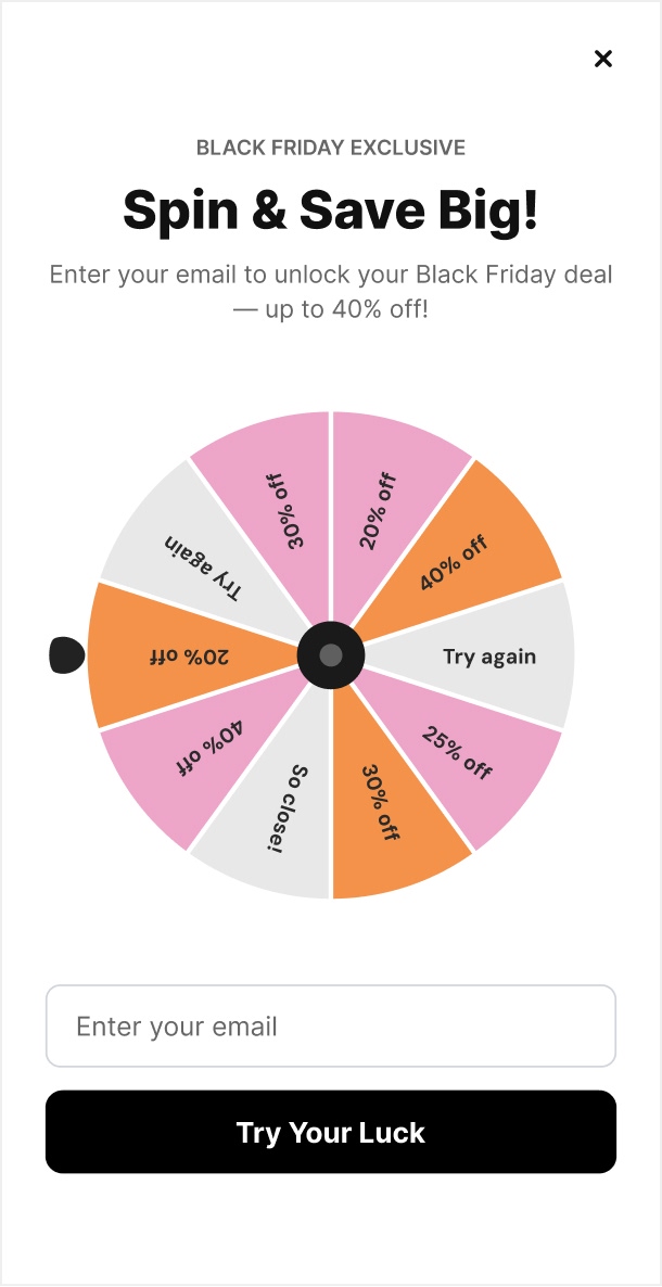 Spin-to-win wheel capturing an email for a Black Friday discount