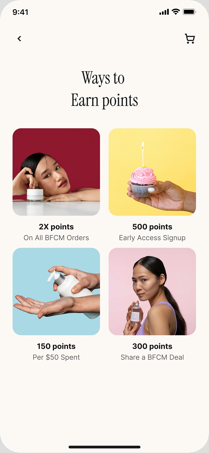 Ways to redeem points screen with free product and shipping rewards