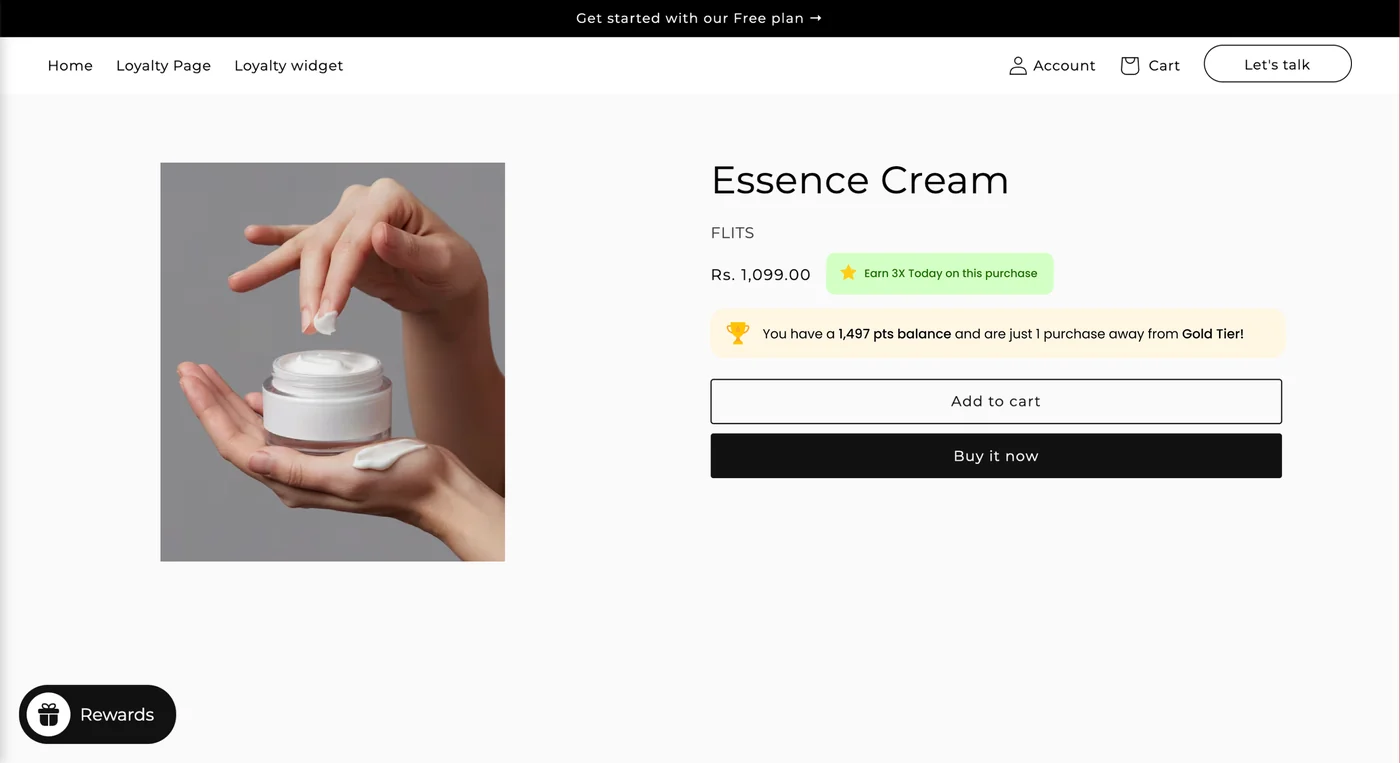 Product page with Flits: 3X earn badge, points balance and tier progress, rewards launcher