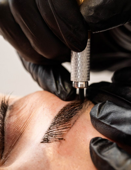 Close-up of a manual microblading blade creating hair-like strokes