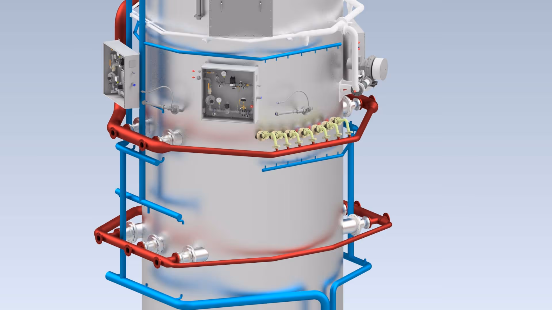 3D-Darstellung eines industriellen Ofens mit roten und blauen Rohrleitungen und Steuerkästen.