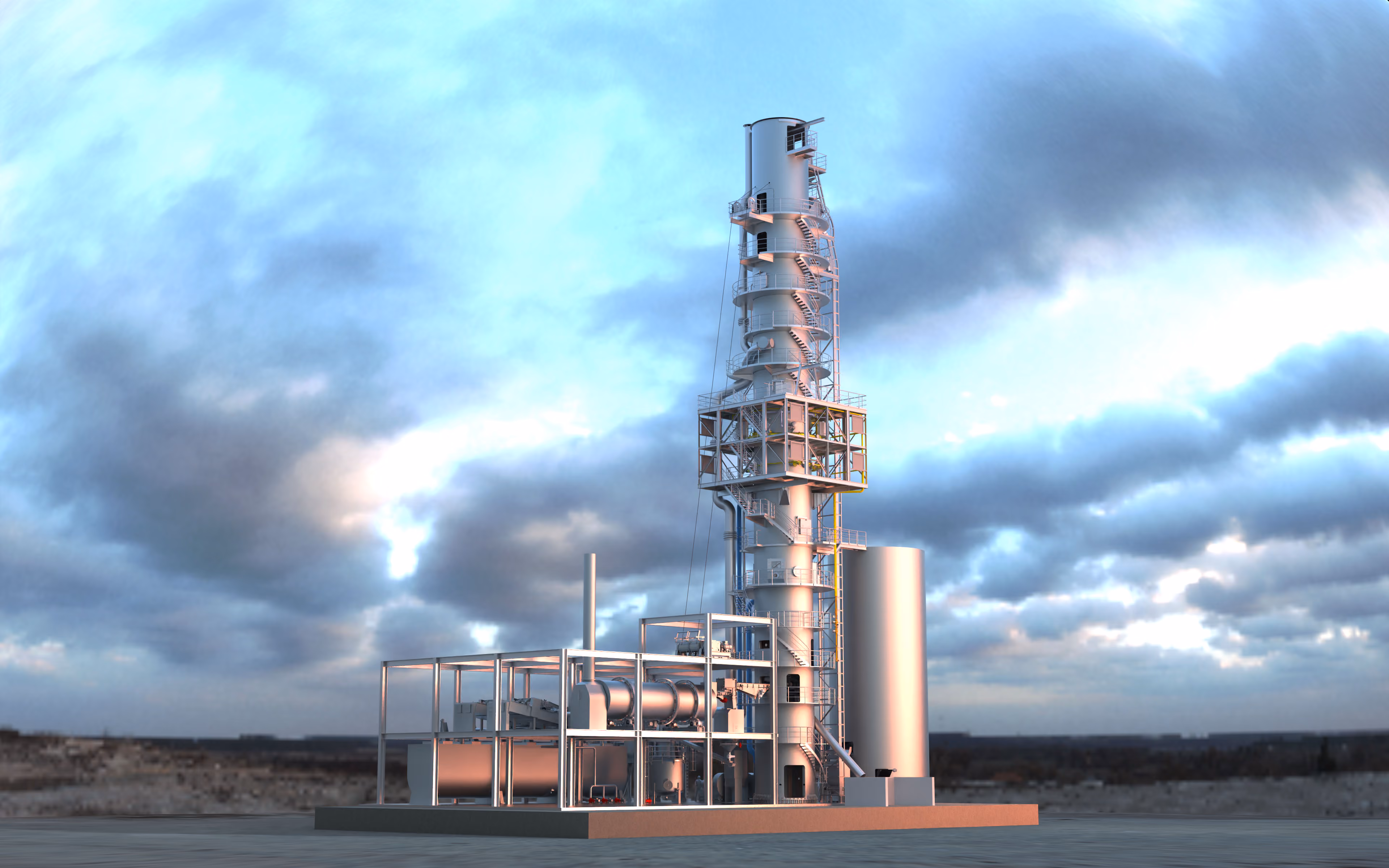 3D-Modell einer hohen industriellen Stahlstruktur mit Rohrleitungen und einer Plattform, die auf einer quadratischen Basis steht.
