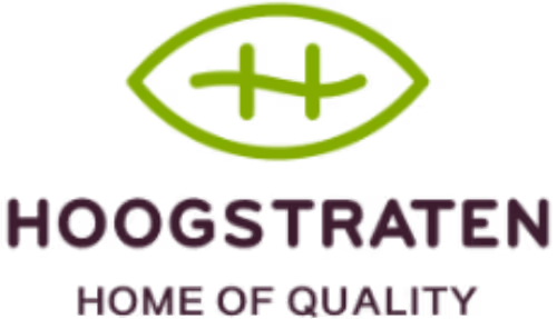 Logo van Hoogstraten met een groen oogvormig kader en twee groene plustekens, met de tekst 'HOOGSTRATEN' en 'HOME OF QUALITY' eronder.