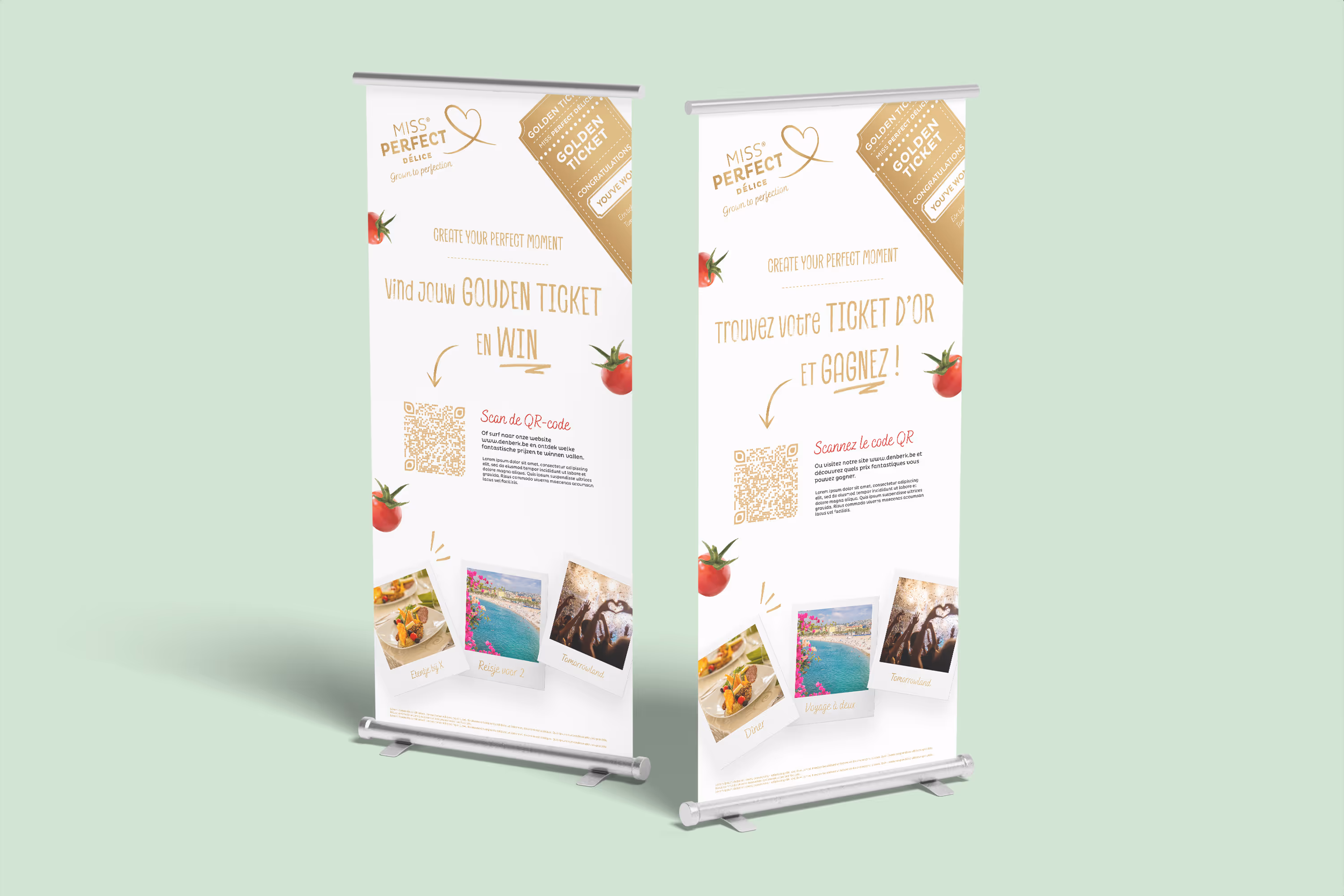 Twee roll-up banners met promotie voor het winnen van een gouden ticket, inclusief QR-code en afbeeldingen van diner, reizen en Tomorrowland.