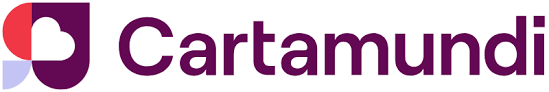 Cartamundi bedrijfslogo met gestileerde iconen in rood, wit en paars.