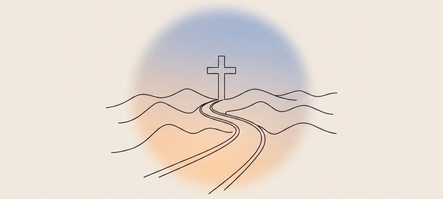 A path winding toward a glowing cross