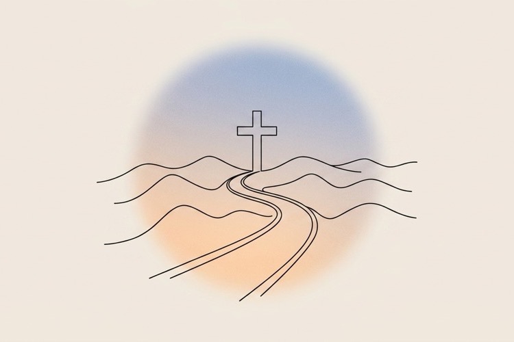 A path winding toward a glowing cross