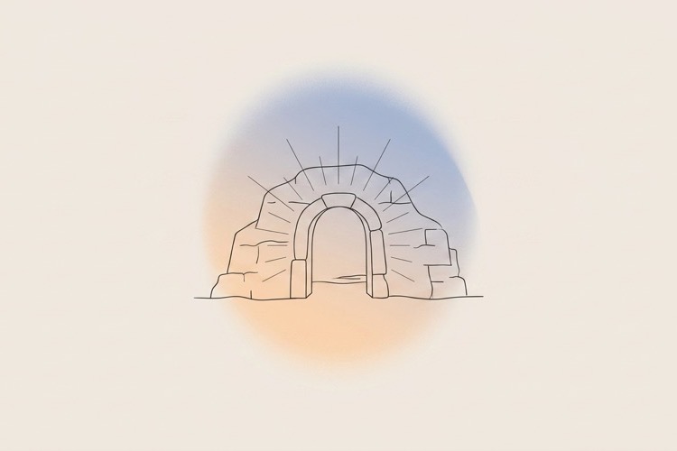 Morning light breaking over a stone tomb, representing hope and new beginnings