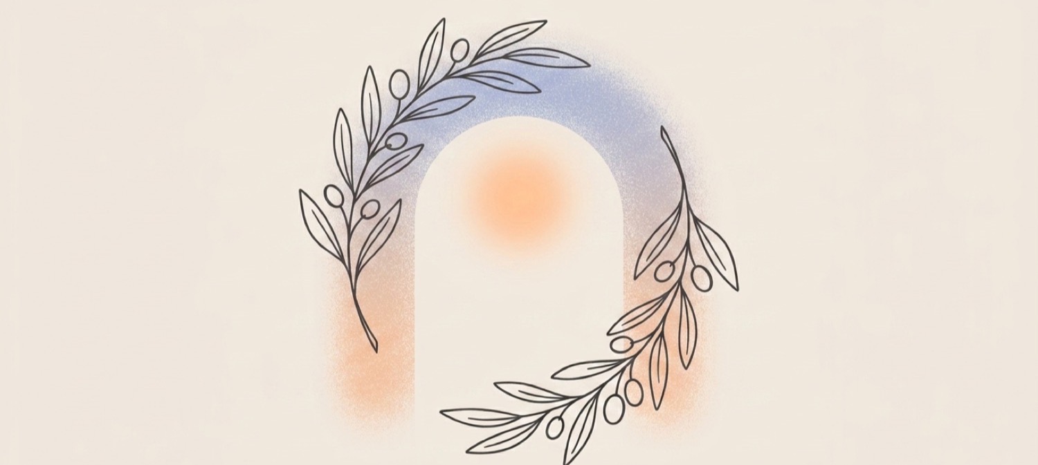 Olive branch framing a rising sun, a symbol of healing and comfort