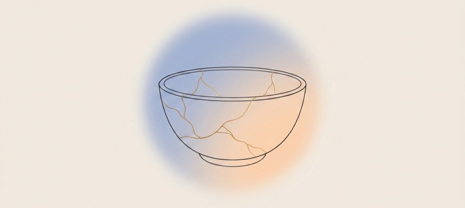 Illustration of a kintsugi bowl mended with gold