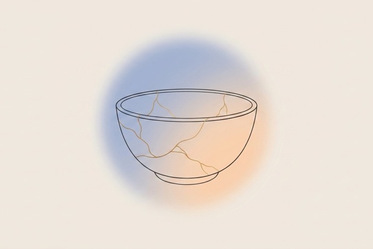 Illustration of a kintsugi bowl mended with gold