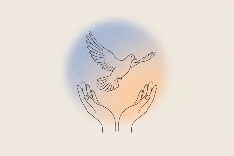 Illustration of hands releasing a dove into the sky