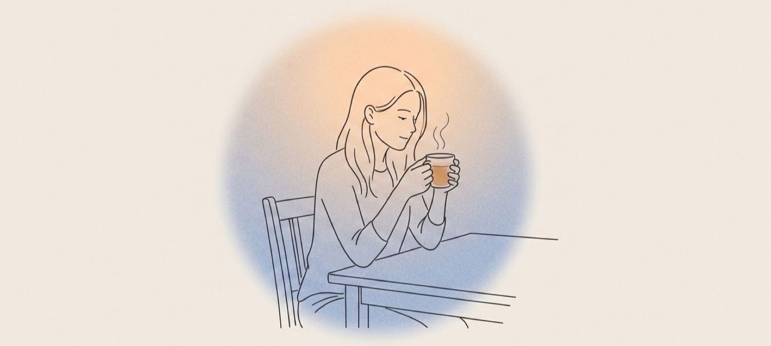 Illustration of a person drinking tea at a table