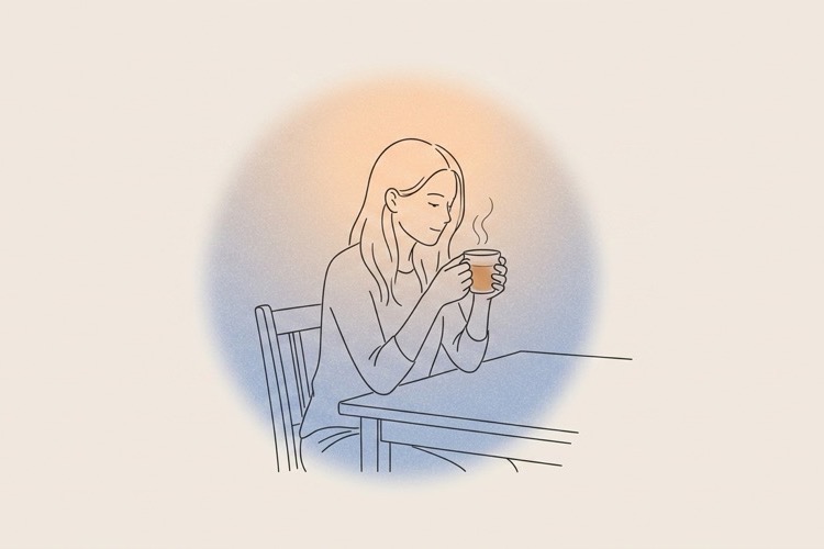 Illustration of a person drinking tea at a table