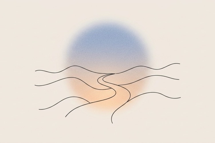 Line art illustration of a path winding through green hills
