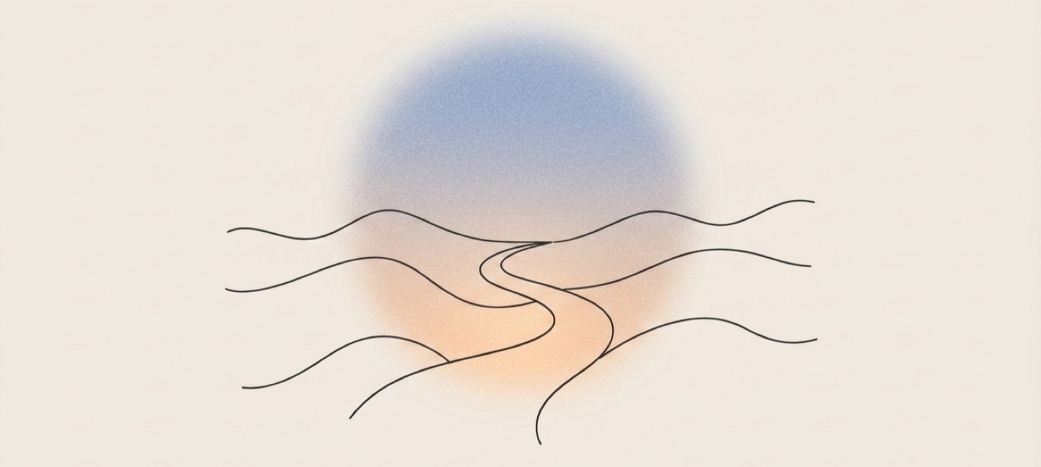 Line art illustration of a path winding through green hills