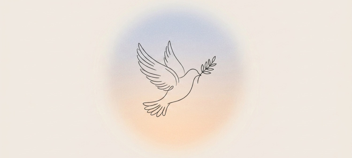 Line art illustration of a dove carrying an olive branch