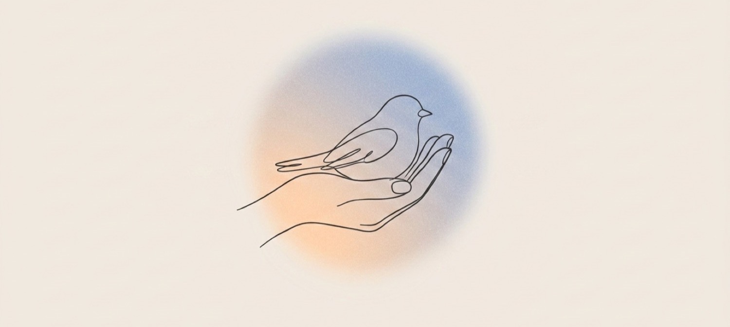 Line art illustration of two hands sheltering a small bird