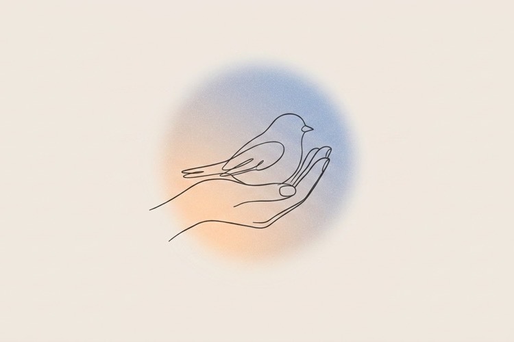 Line art illustration of two hands sheltering a small bird