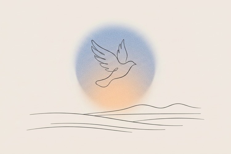 Line art illustration of a bird soaring over open fields