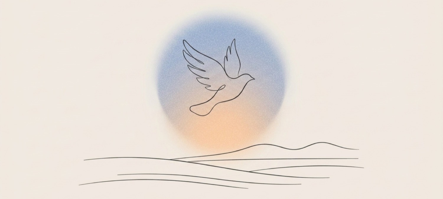 Line art illustration of a bird soaring over open fields