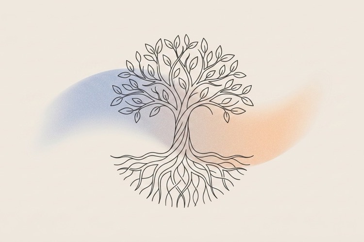 Line art illustration of a stylised tree with deep roots
