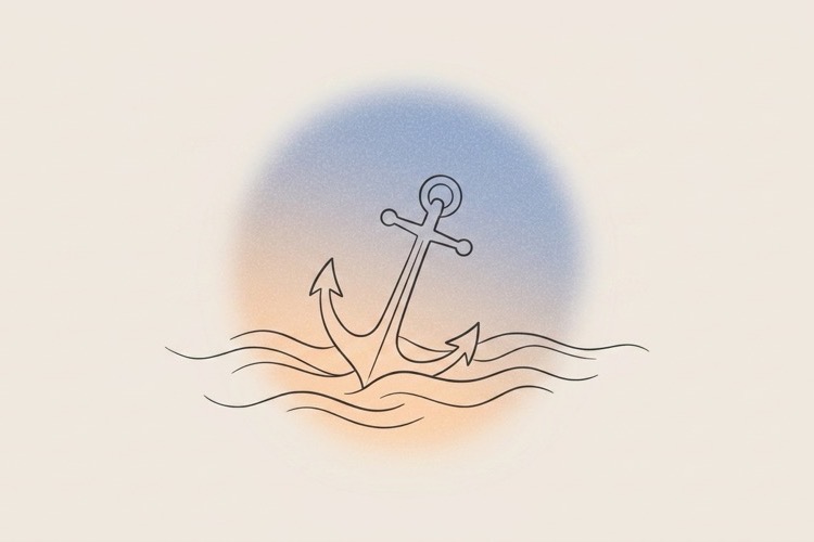 Line art illustration of an anchor resting among calm waves