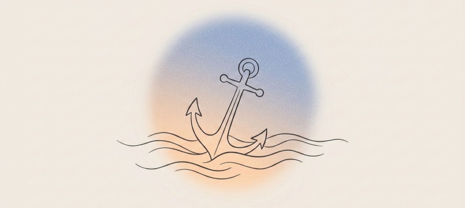 Line art illustration of an anchor resting among calm waves