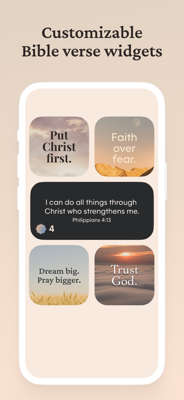 Five Bible Widgets widgets in different themes on one Home Screen