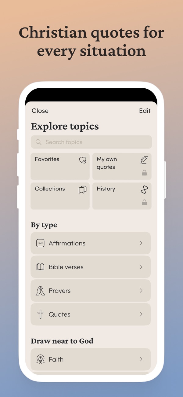 The Explore topics screen in Bible Widgets: Affirmations, Bible verses, Prayers and Quotes