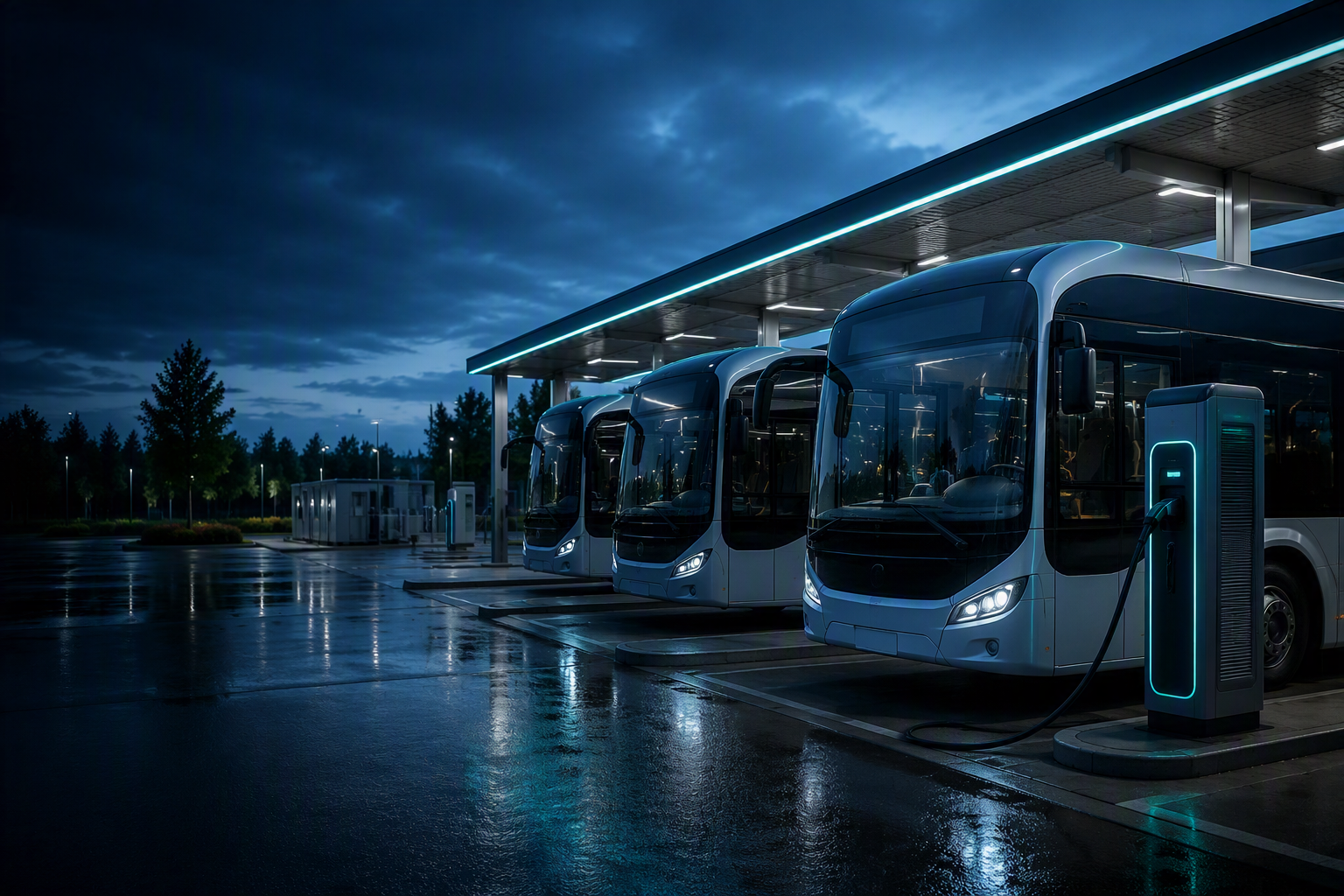 Electric bus during the night charging
