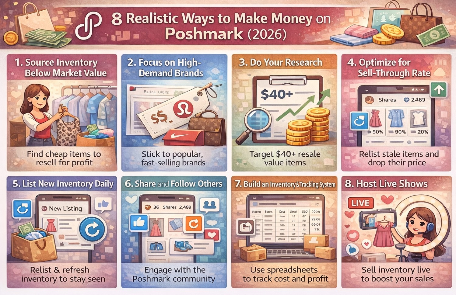 Infographic titled “8 Realistic Ways to Make Money on Poshmark (2026)” showing eight strategies in a 2x4 grid.  Source inventory below market value: Find cheap items to resell for profit. Focus on high-demand brands: Stick to popular, fast-selling brands. Do your research: Target $40+ resale value items. Optimize sell-through rate: Relist stale items and drop prices. List and refresh daily: Relist and refresh inventory to stay visible. Share and follow others: Engage with the Poshmark community regularly. Build tracking system: Use spreadsheets to track costs and profit. Host live shows: Sell inventory live to boost sales.