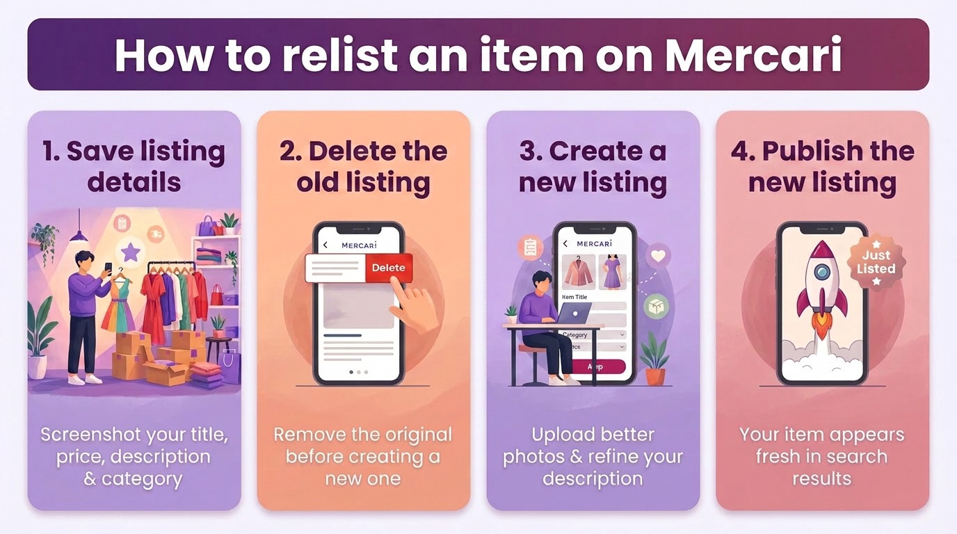 Infographic showing how to relist an item on Mercari in 4 steps: 1) Save listing details by screenshotting your title, price, and description; 2) Delete the old listing before relisting; 3) Create a new listing by uploading better photos and improving your copy; 4) Publish the new listing to appear fresh in Mercari search results