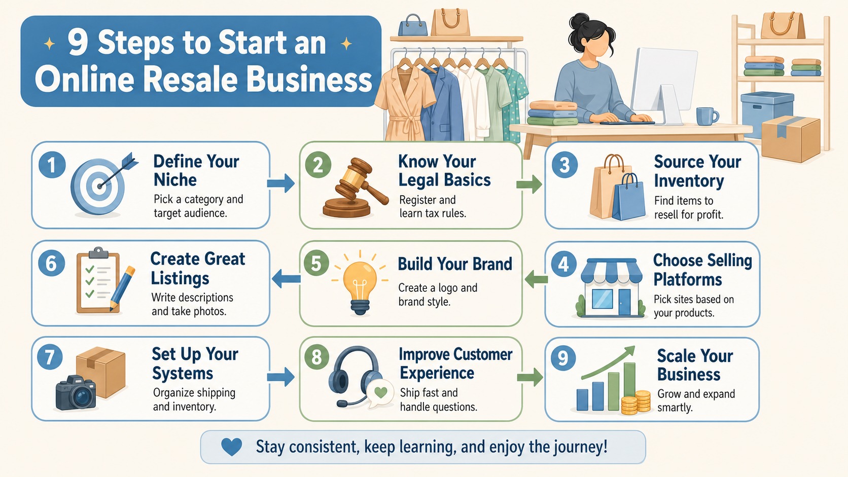 Infographic showing 9 steps to start an online resale business, including choosing a niche, handling legal basics, sourcing inventory, selecting platforms, building a brand, creating listings, organizing systems, improving customer experience, and scaling.