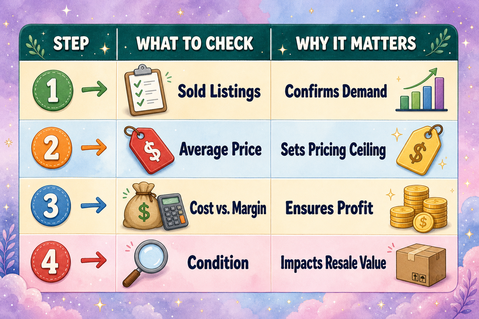 Infographic table showing a four-step sourcing checklist for resellers. Step 1: “Sold Listings” confirms demand. Step 2: “Average Price” sets the pricing ceiling. Step 3: “Cost vs Margin” ensures profit. Step 4: “Condition” impacts resale value. Each step is paired with simple icons (clipboard, price tag, money bag/calculator, magnifying glass) and color-coded rows.