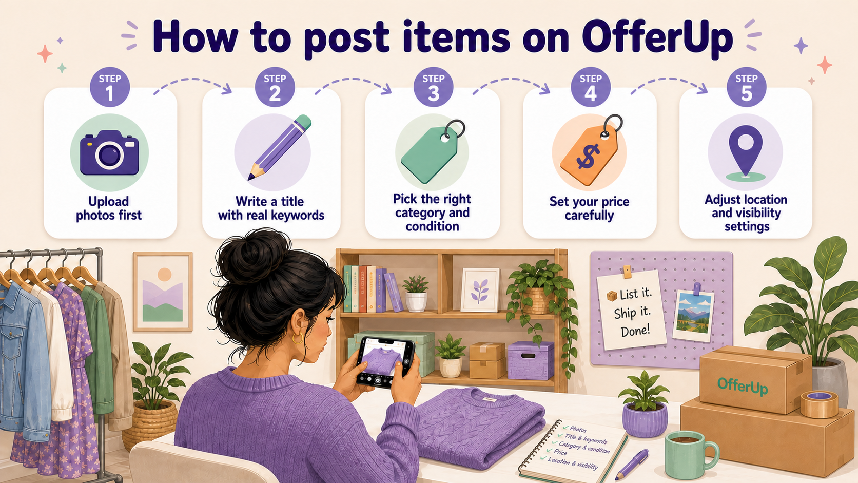 An infographic showing the steps on how to post items on OfferUp; Step 1 – Upload photos first; Step 2 – Write a title with real keywords; Step 3 – Pick the right category and condition; Step 4 – Set your price carefully; Step 5 – Adjust location and visibility settings.