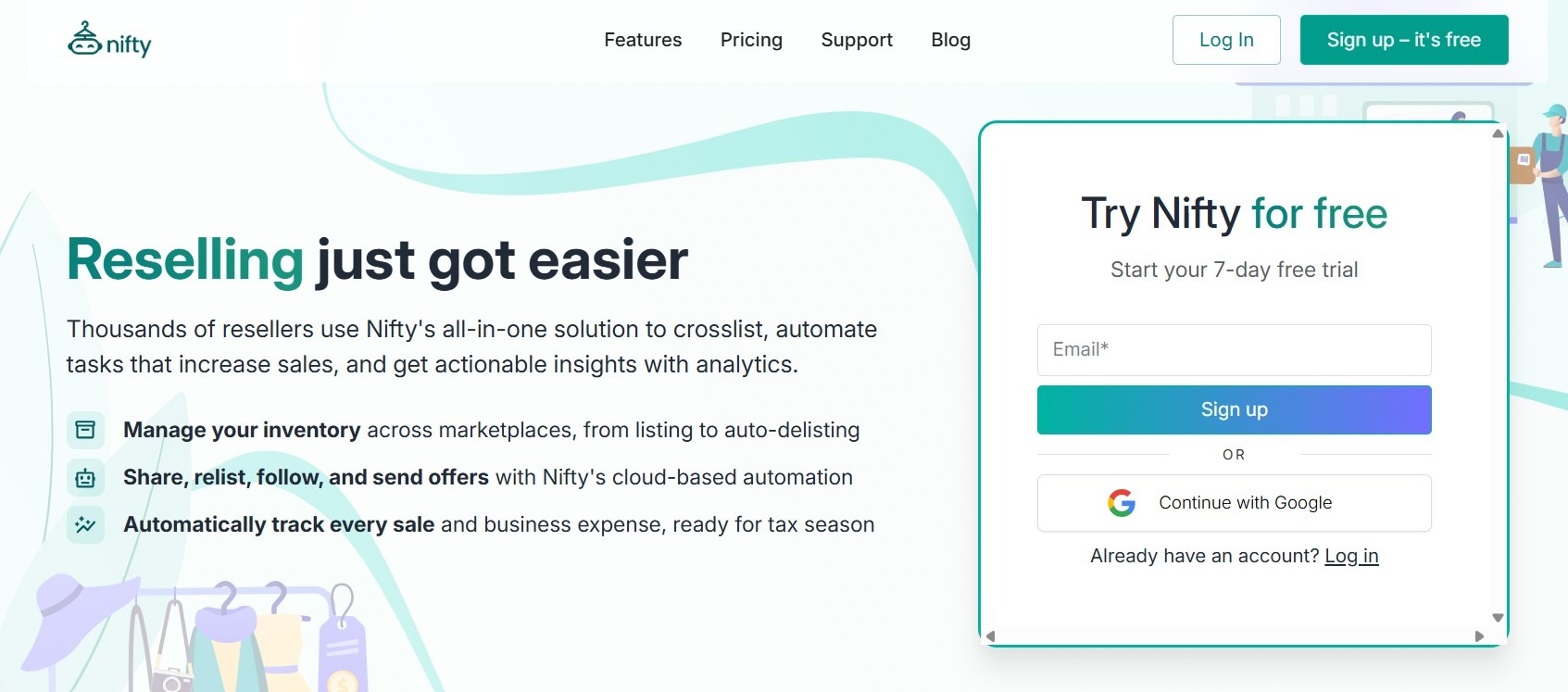 Nifty homepage with headline "Reselling just got easier," presenting its all-in-one crosslisting and automation tool for resellers. Features listed include inventory management across marketplaces, cloud-based automation for sharing and relisting, and automatic sale and expense tracking. A sign-up panel offers a 7-day free trial.