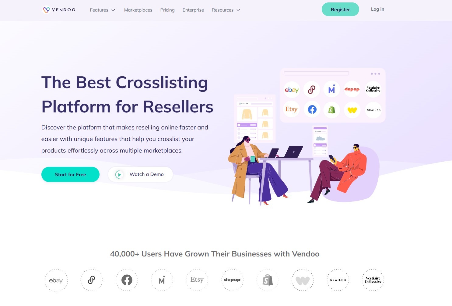 Vendoo homepage with headline "The Best Crosslisting Platform for Resellers," showing an illustration of two resellers using devices alongside a UI preview of supported marketplaces including eBay, Poshmark, Mercari, Depop, Vestiaire Collective, Etsy, Facebook, Shopify, Whatnot, and Grailed. A social proof banner reads "40,000+ Users Have Grown Their Businesses with Vendoo."