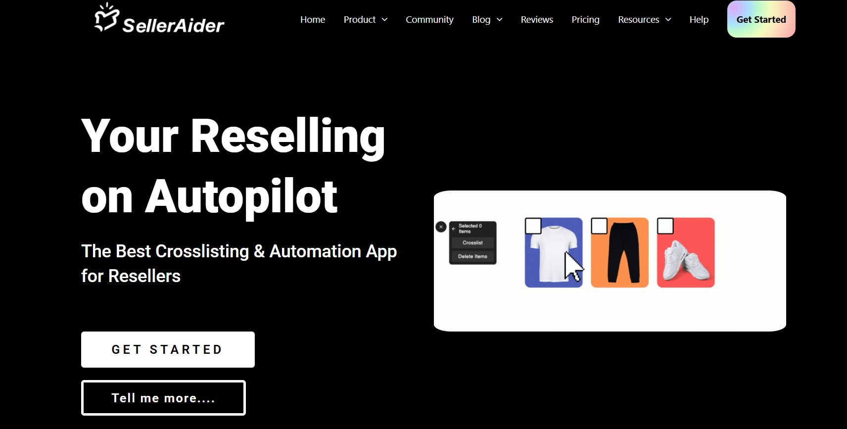 SellerAider homepage with headline "Your Reselling on Autopilot" and subheading "The Best Crosslisting & Automation App for Resellers," featuring a product UI preview of a crosslisting interface with clothing items including a white T-shirt, black trousers, and white sneakers.