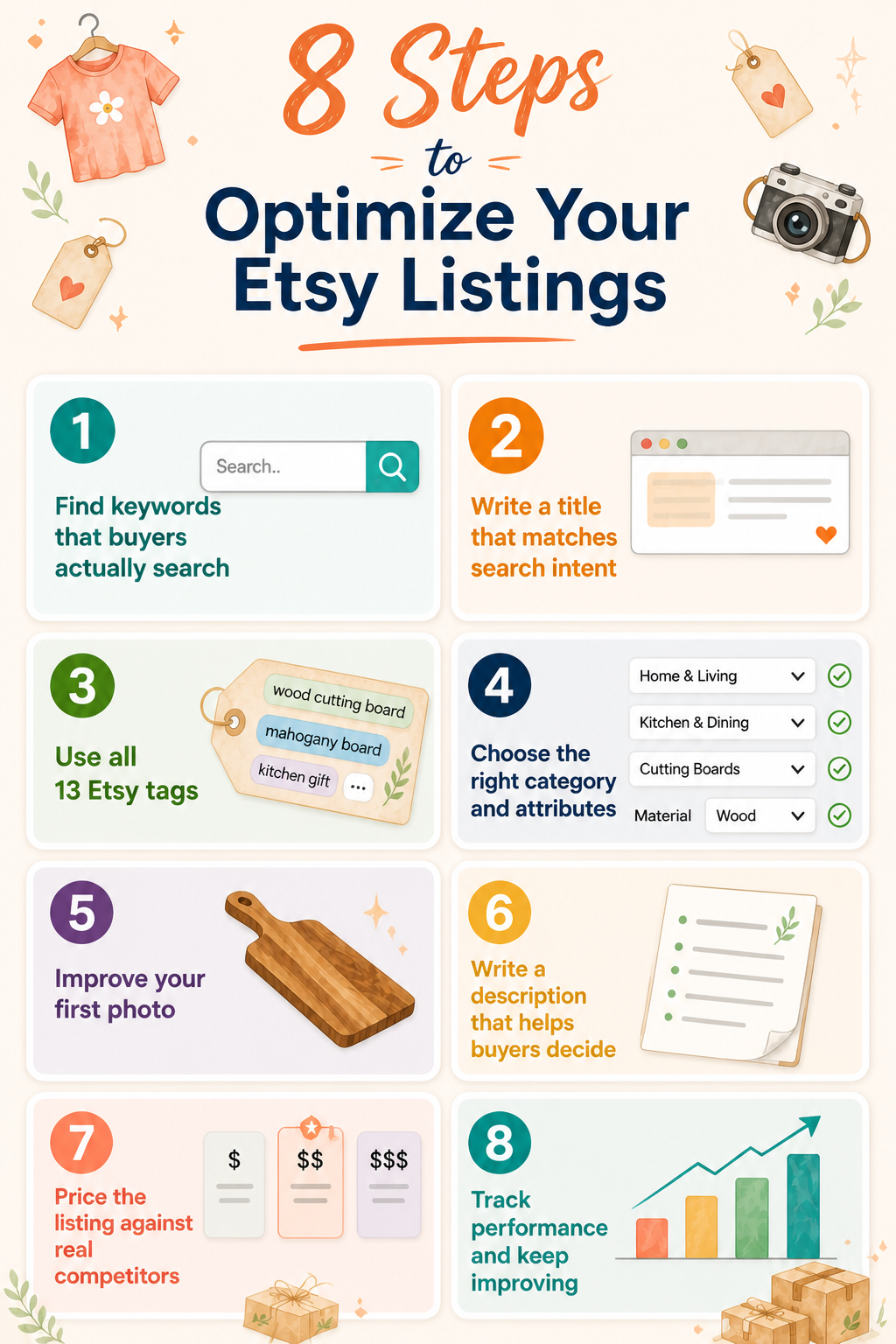 Infographic showing eight Etsy listing optimization steps: find keywords, write title, use tags, choose category, improve photo, write description, price competitively, track performance