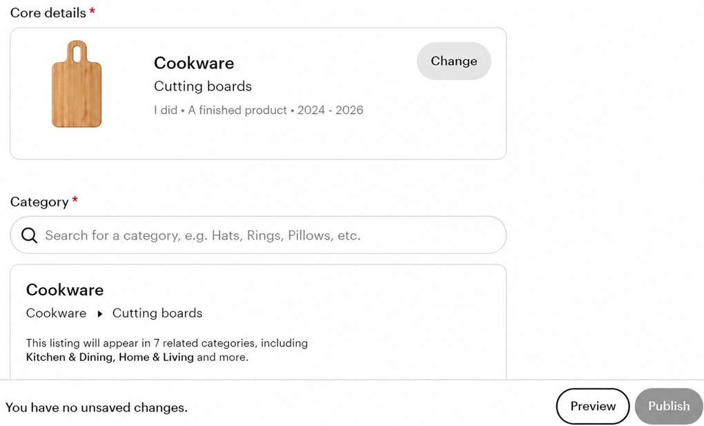 Etsy listing setup screen showing cookware cutting board category selection, with core details, category search field, related categories preview, and publish and preview buttons visible at bottom