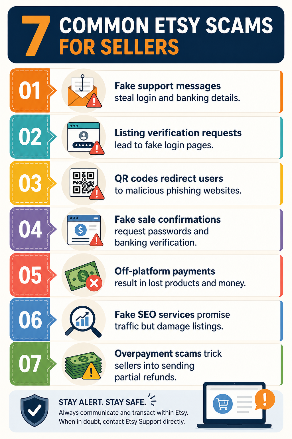 Infographic showing seven Etsy seller scams: fake support, listing verification, QR codes, fake sales, off-platform payments, fake SEO services, and overpayment refund scams, with icons and bold layout.