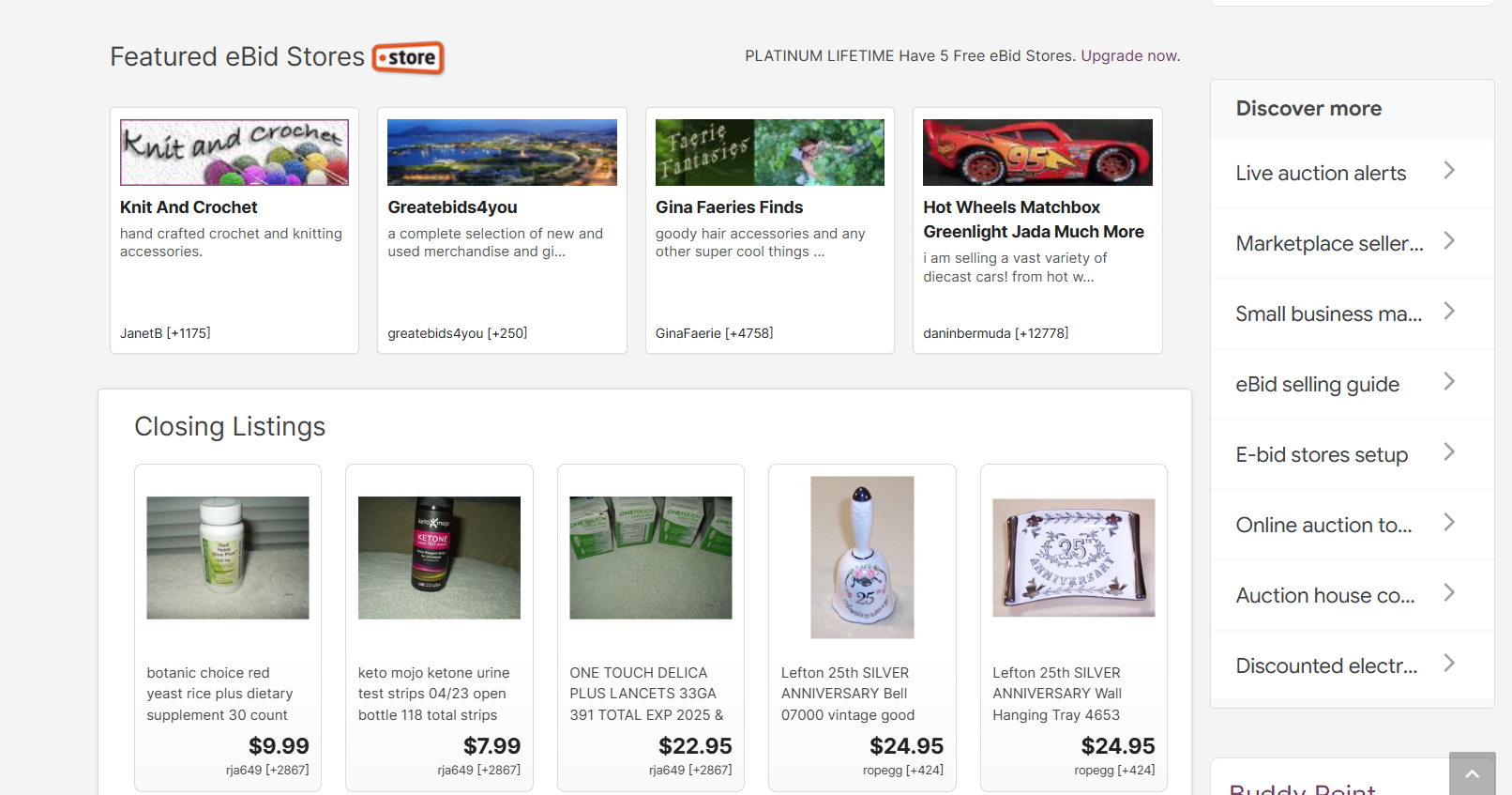 Featured eBid stores and closing auction listings showing handmade crafts, diecast cars, supplements, medical supplies, and vintage collectibles with prices, seller names, and marketplace navigation links.