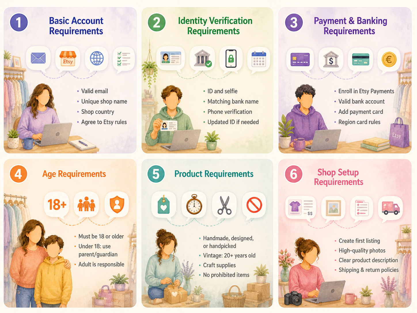 Infographic explaining Etsy seller account requirements with six color-coded sections covering account setup, identity verification, payments, age rules, product policies, and shop setup.